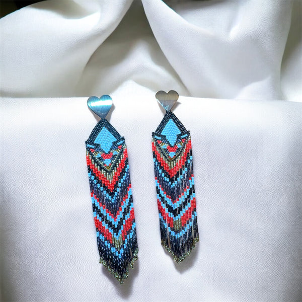 Handmade Beaded Fringe Earrings – Heart Stud Boho Statement Jewelry