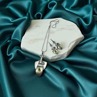 Boho kali Mata Tribal Pendant & Earring Set – Silver & Green