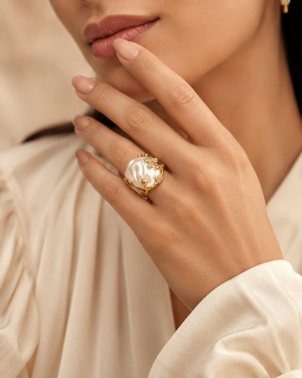 Statement Fresh Water Pearl & Crystal Floral Ring – Adjustable