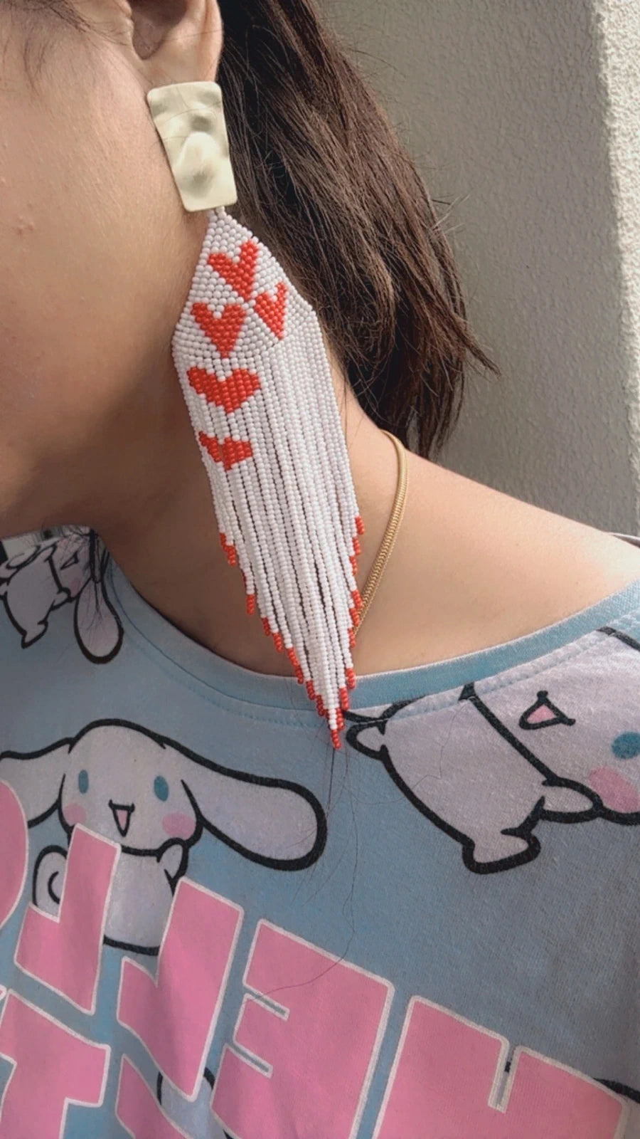 Handmade White Red heart Earrings