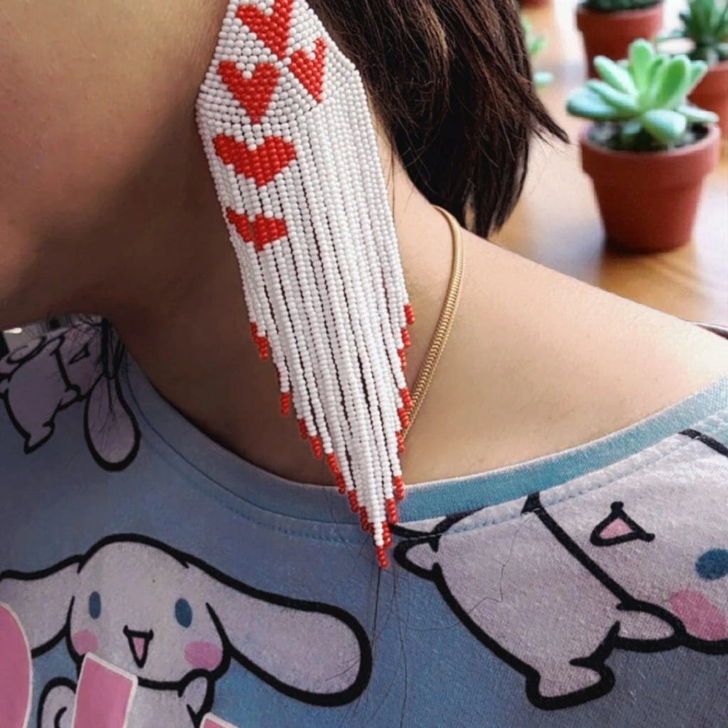 Handmade White Red heart Earrings – view 3
