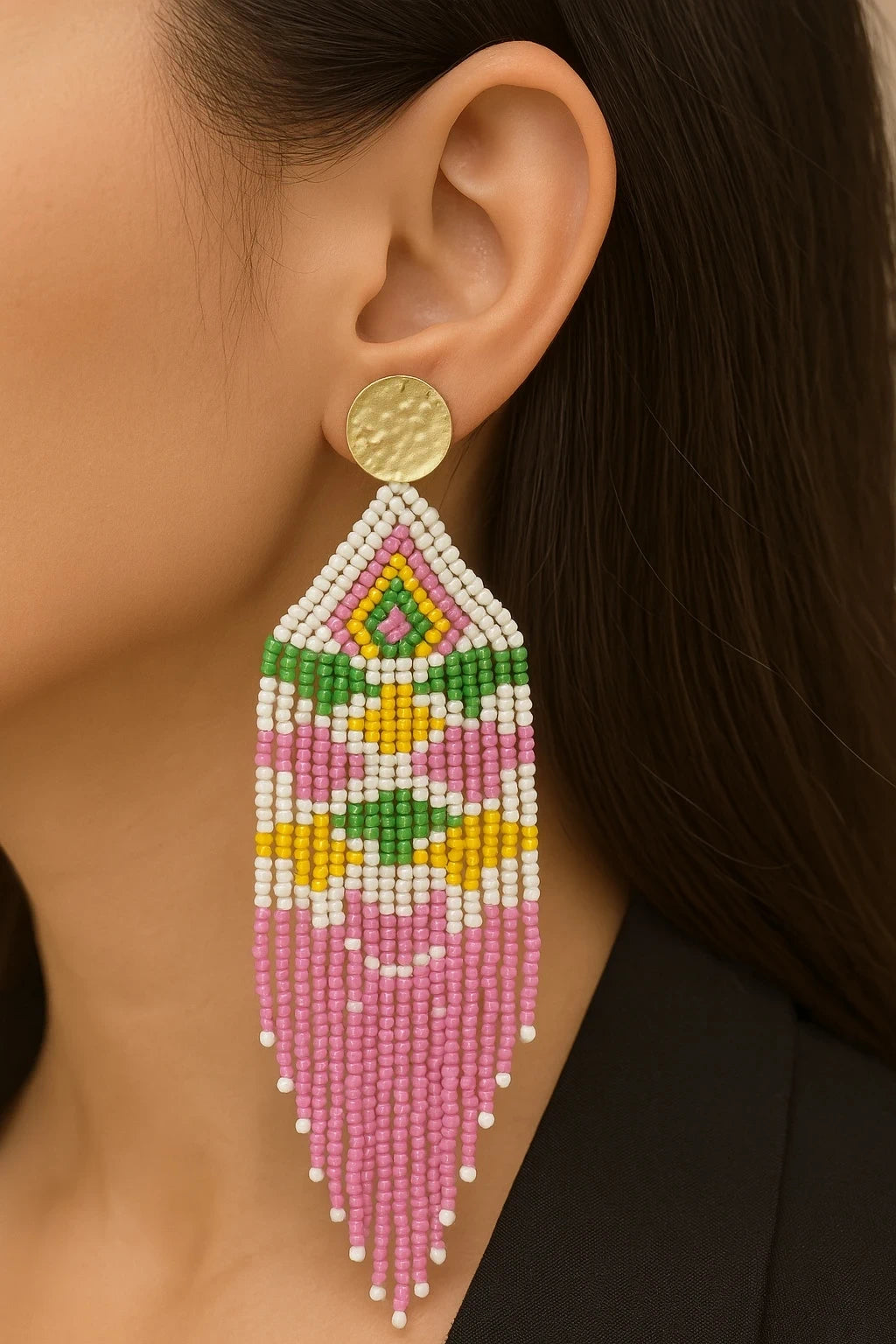 Handmade Pink Beaded Earring – view 2