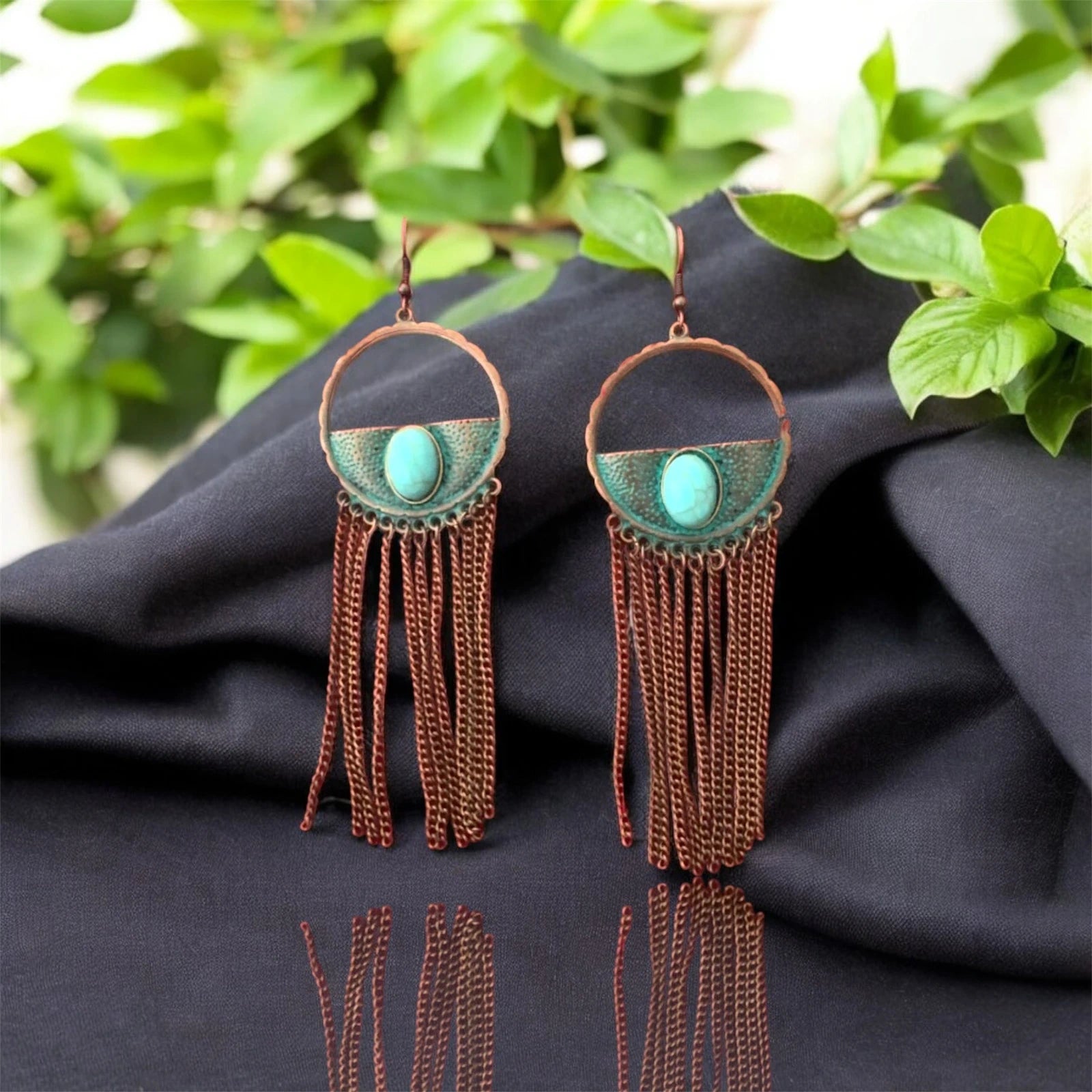 Vintage Style Turquoise & Bronze Chain Dangle Earrings