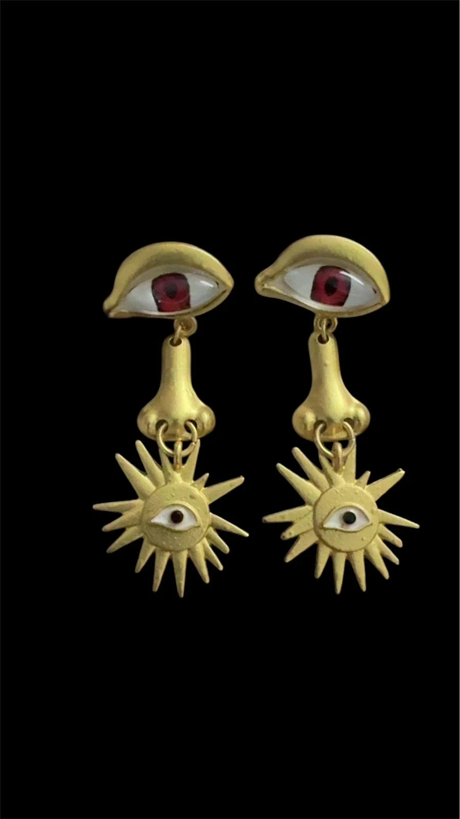Gold Unique Golden Eye & Sun Dangle Earrings