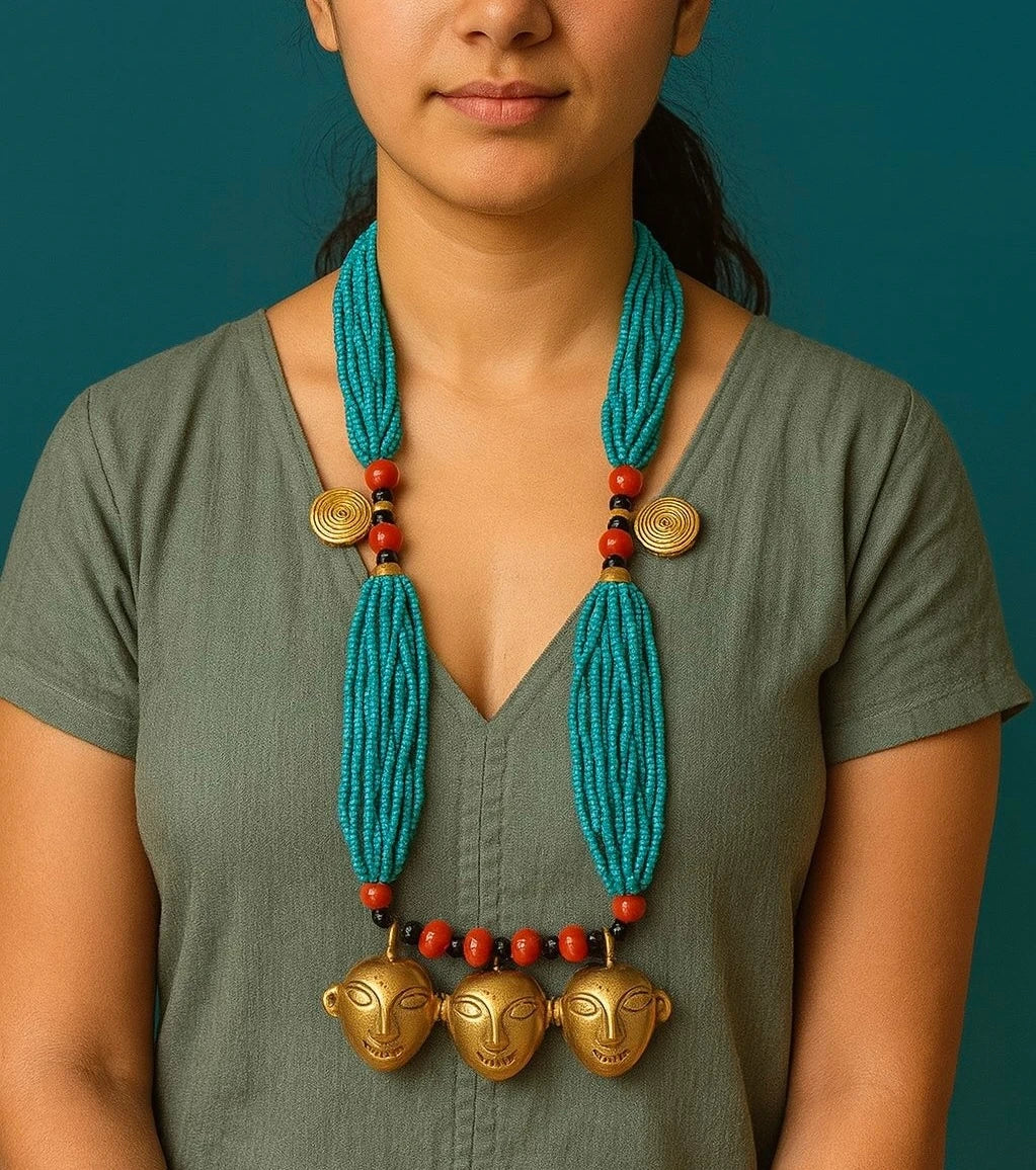 Unique Ethnic Turquoise Beaded Necklace with Gold Mask Pendants