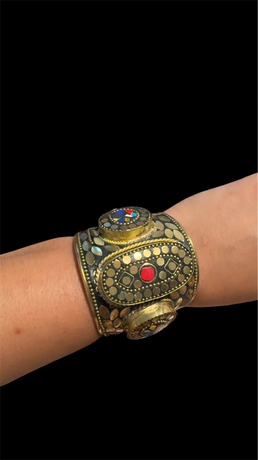 Vintage Tribal Cuff Bracelet with Colorful Stone Inlay – view 2