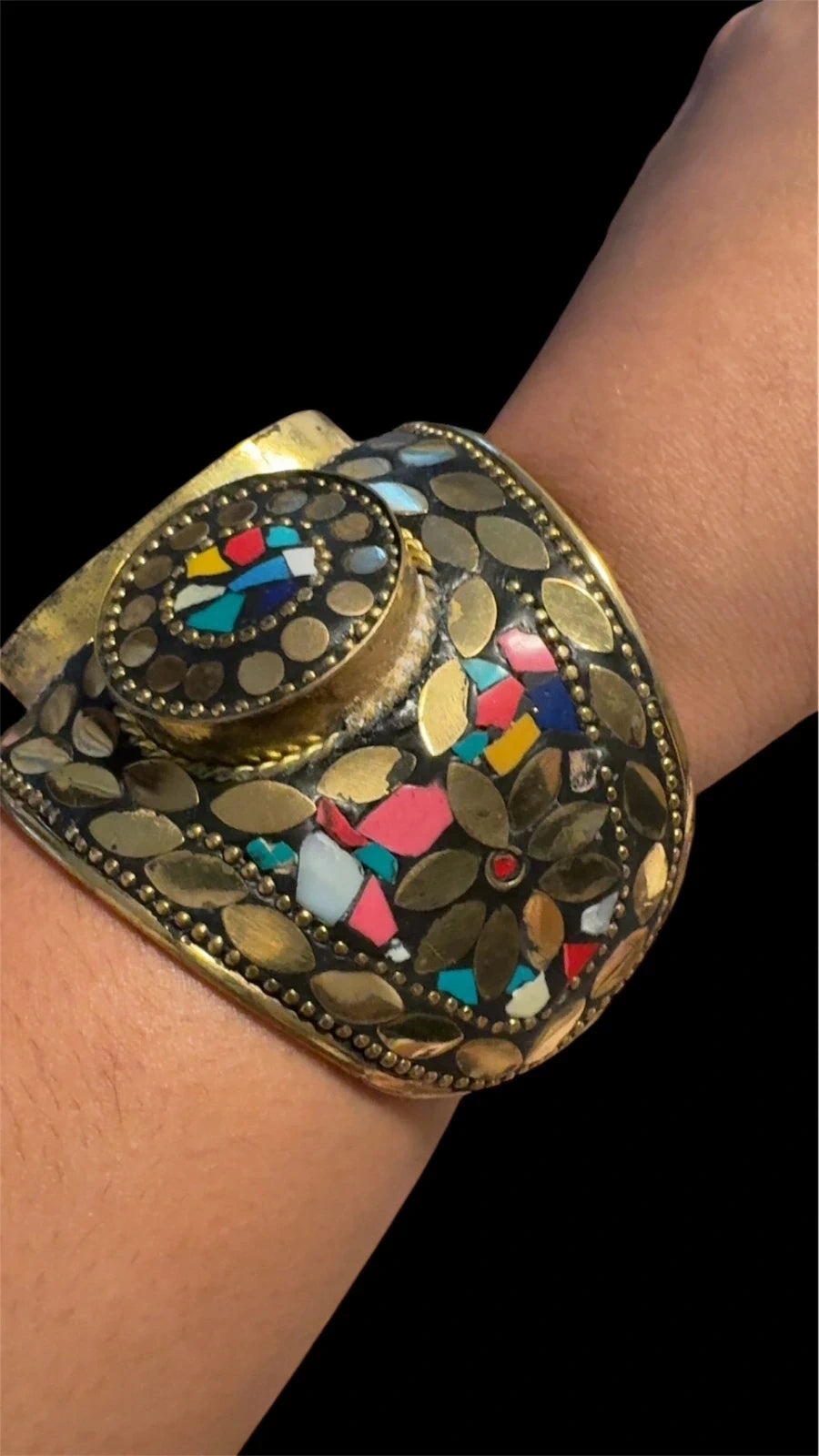 Vintage Tribal Cuff Bracelet with Colorful Stone Inlay