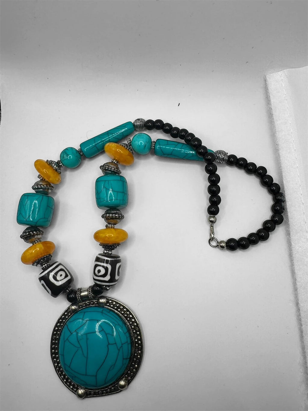 Boho Tribal Statement Necklace with Turquoise and Amber-Tone Beads