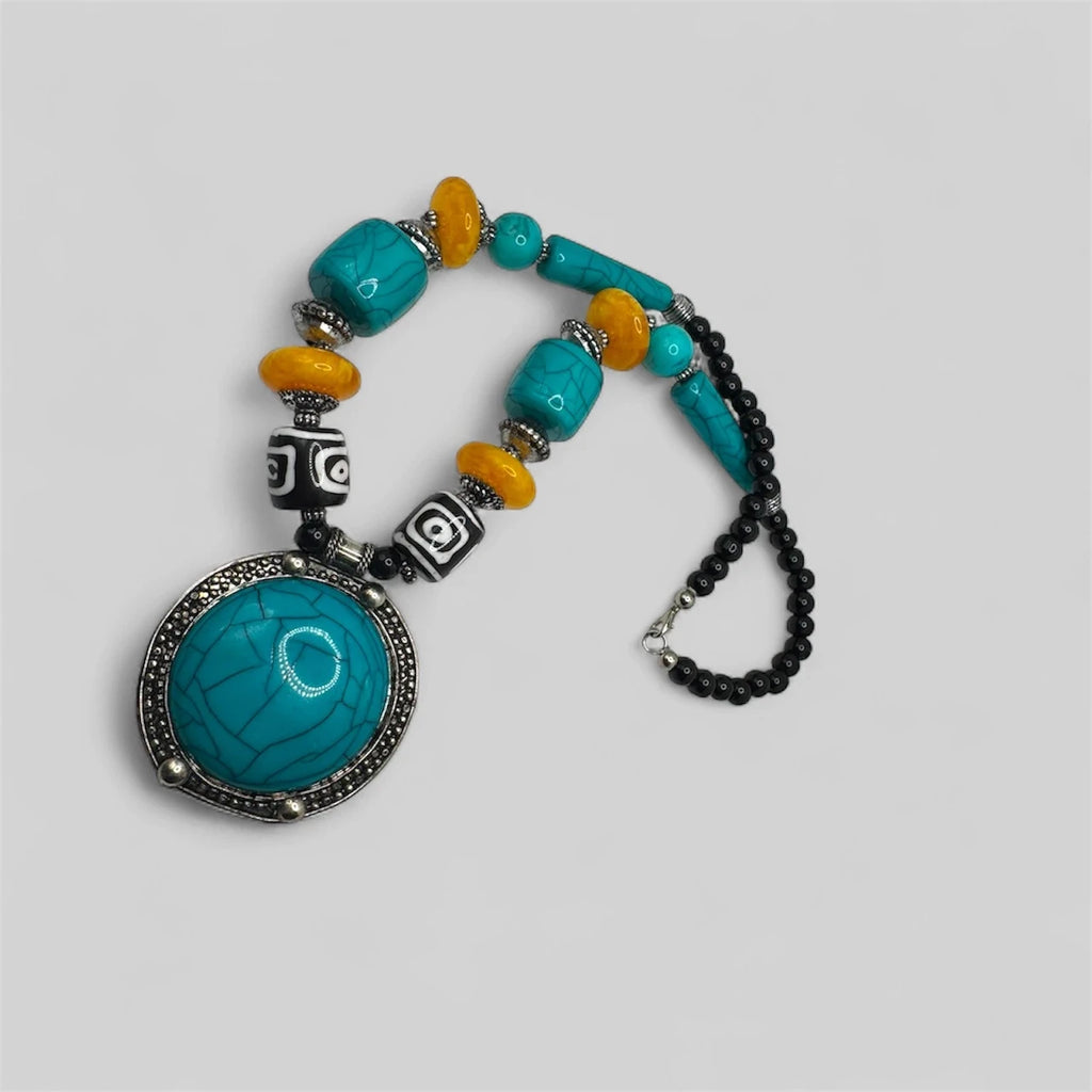 Boho Tribal Statement Necklace with Turquoise and Amber-Tone Beads – view 2