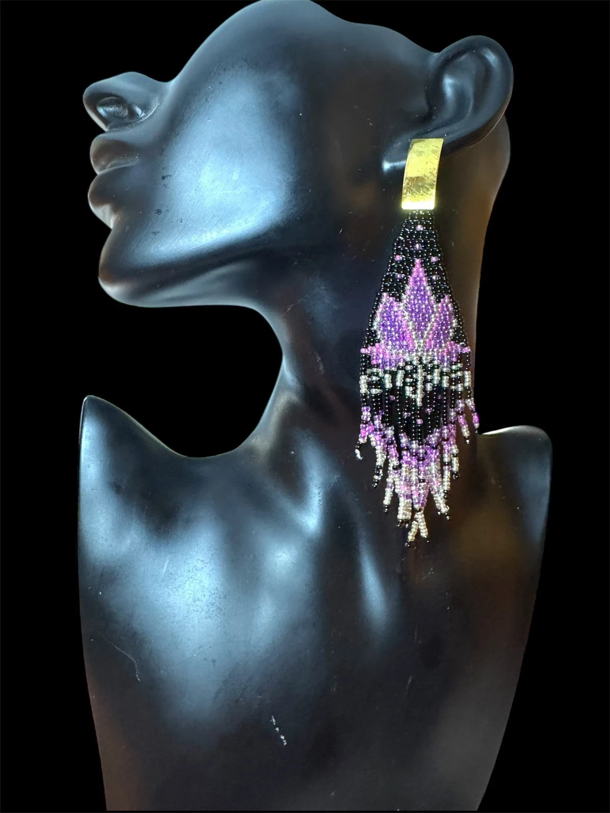 Handcrafted Beaded Fringe Earrings - Purple, Black, & White