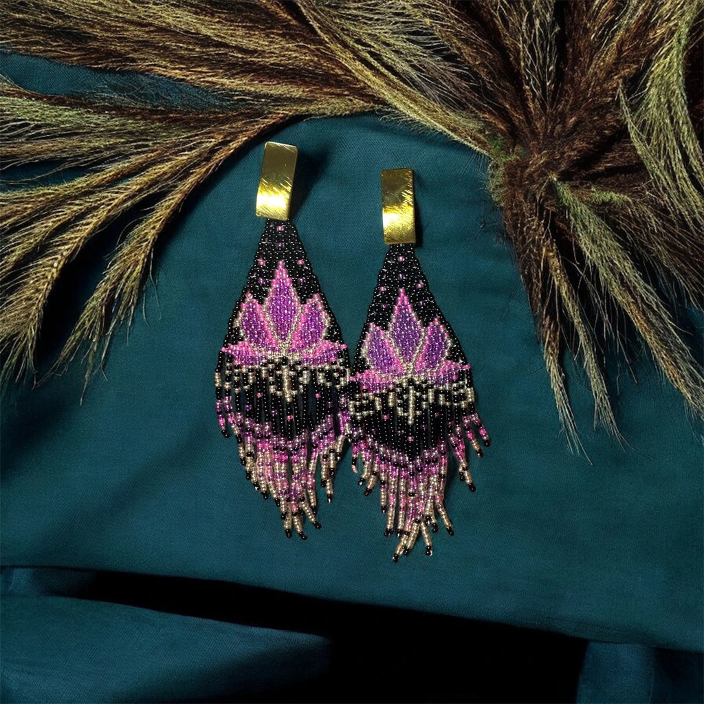 Handcrafted Beaded Fringe Earrings - Purple, Black, & White – view 2