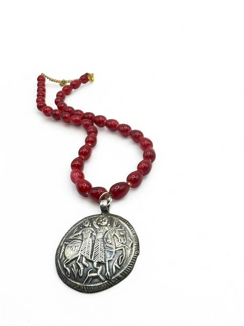 Antique Silver Medallion Necklace with Red Beaded Chain – view 2