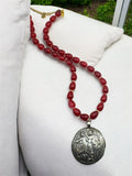 Antique Silver Medallion Necklace with Red Beaded Chain