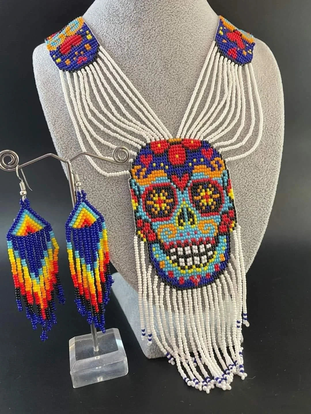 Beaded Sugar Skull Necklace & Earrings Set