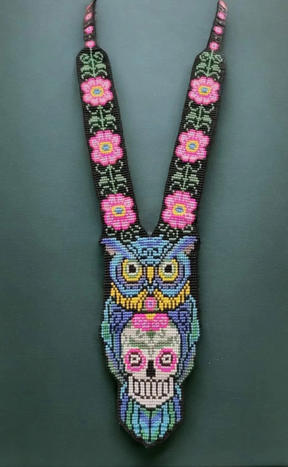 Handmade Beaded Owl and Skull Necklace