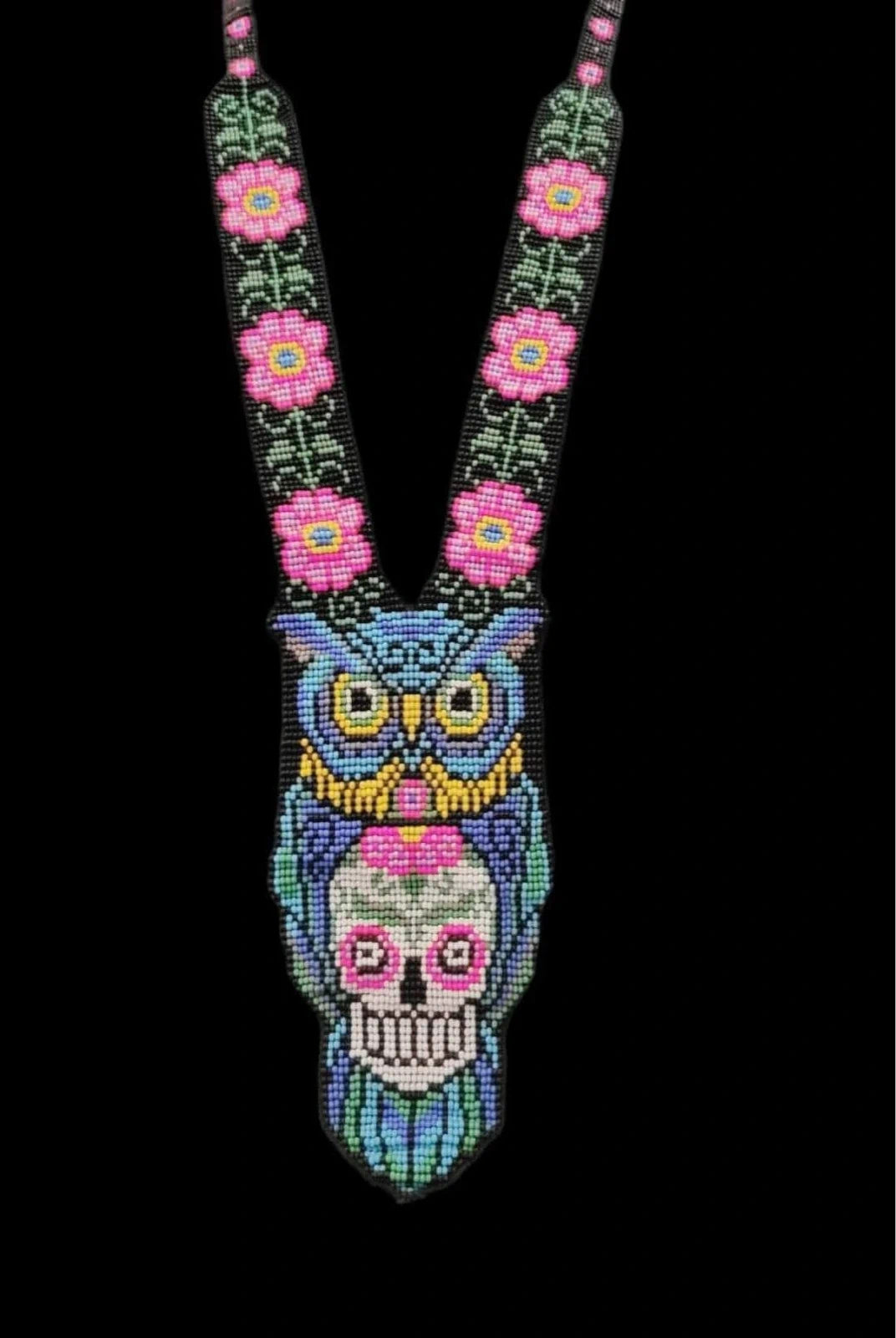 Handmade Beaded Owl and Skull Necklace – view 3