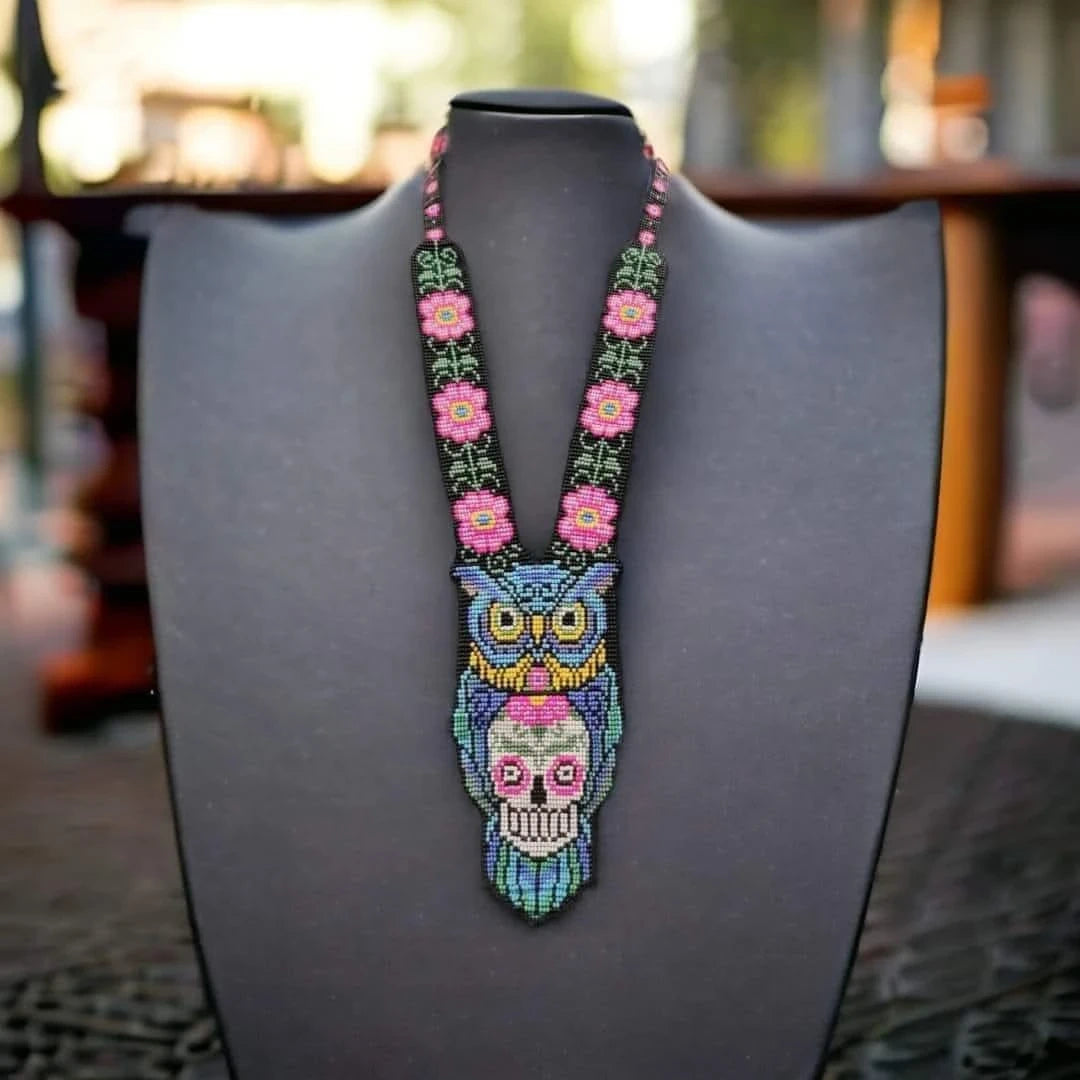 Handmade Beaded Owl and Skull Necklace – view 4