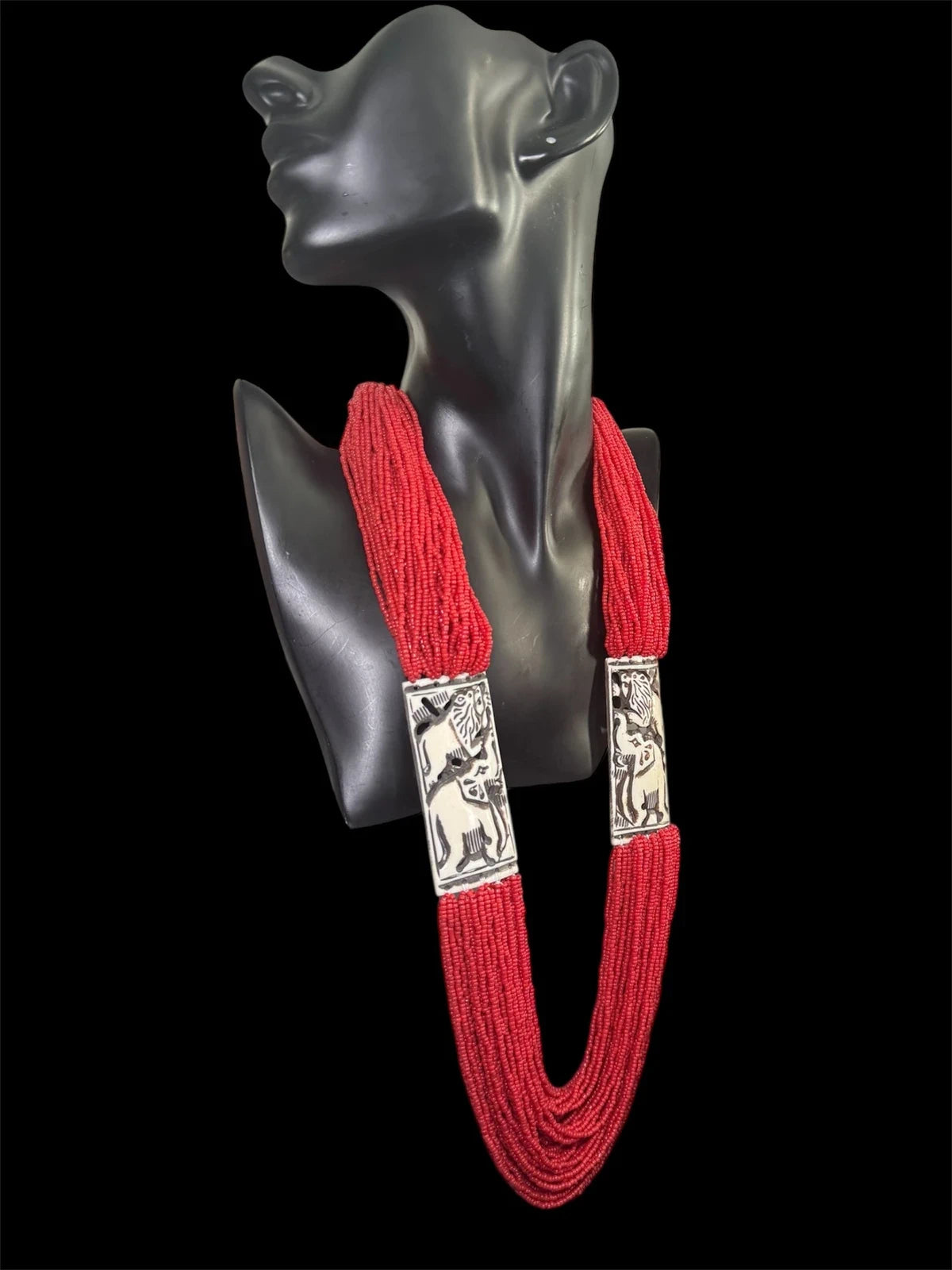 Striking Red Multi-Strand Beaded Necklace with Elephant Accents – view 2