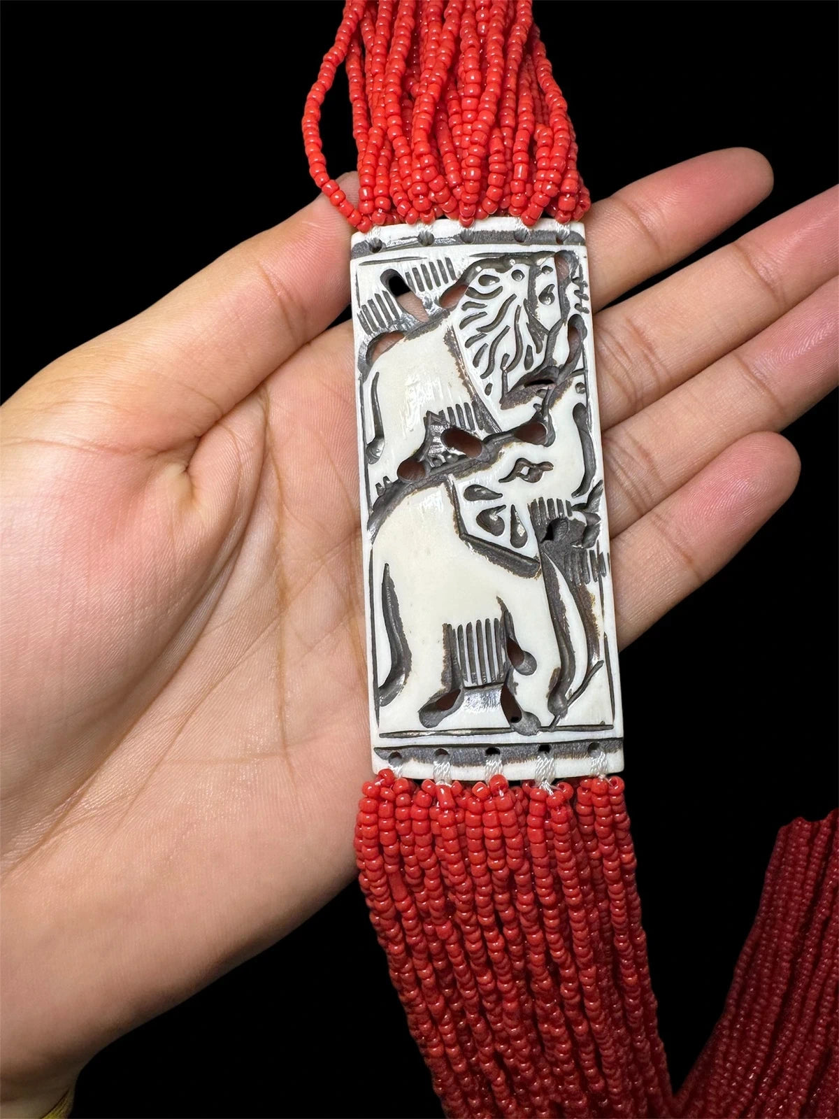 Striking Red Multi-Strand Beaded Necklace with Elephant Accents – view 3