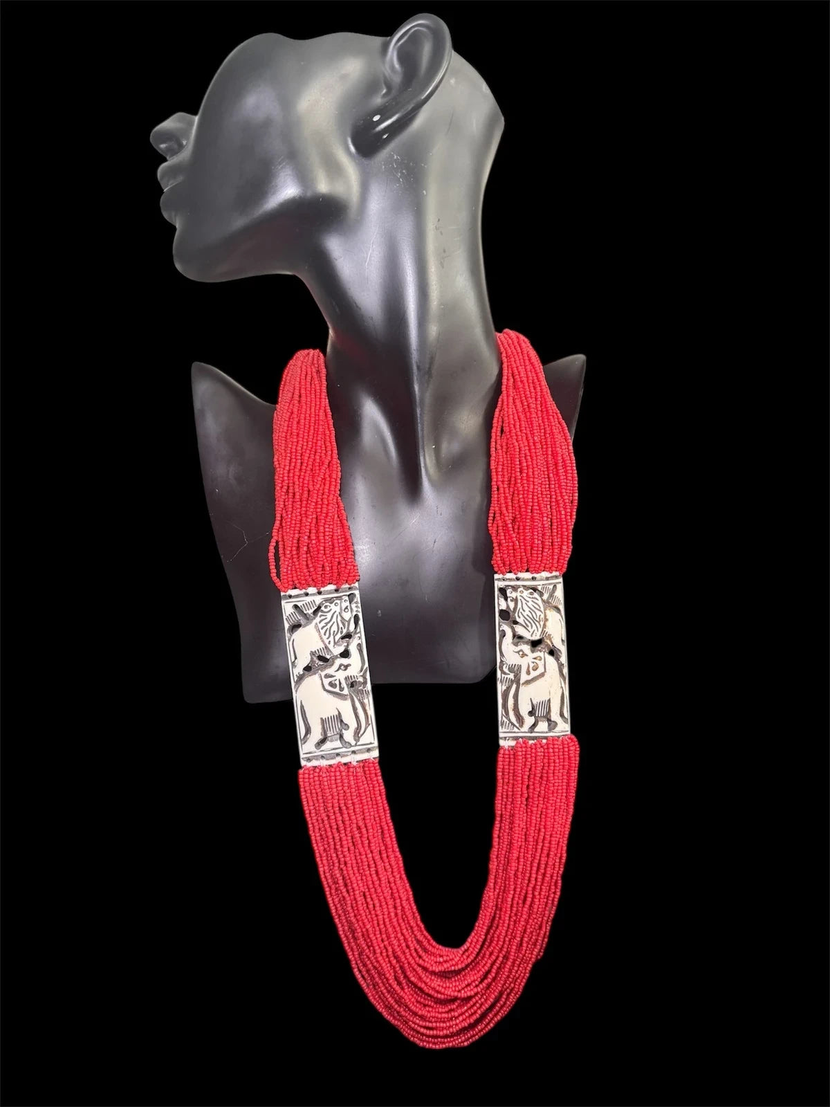 Striking Red Multi-Strand Beaded Necklace with Elephant Accents