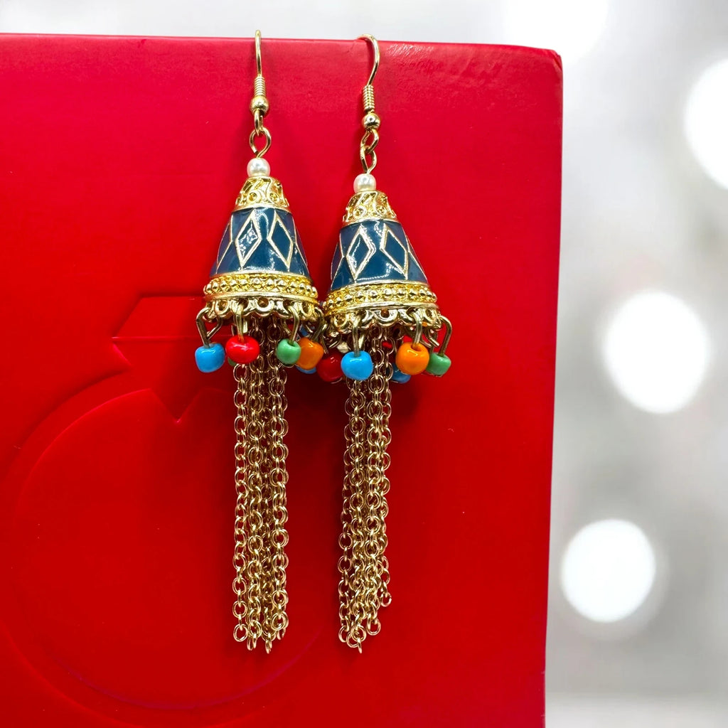 Boho Ethnic Jhumka Earrings with Chains & Colorful Beads