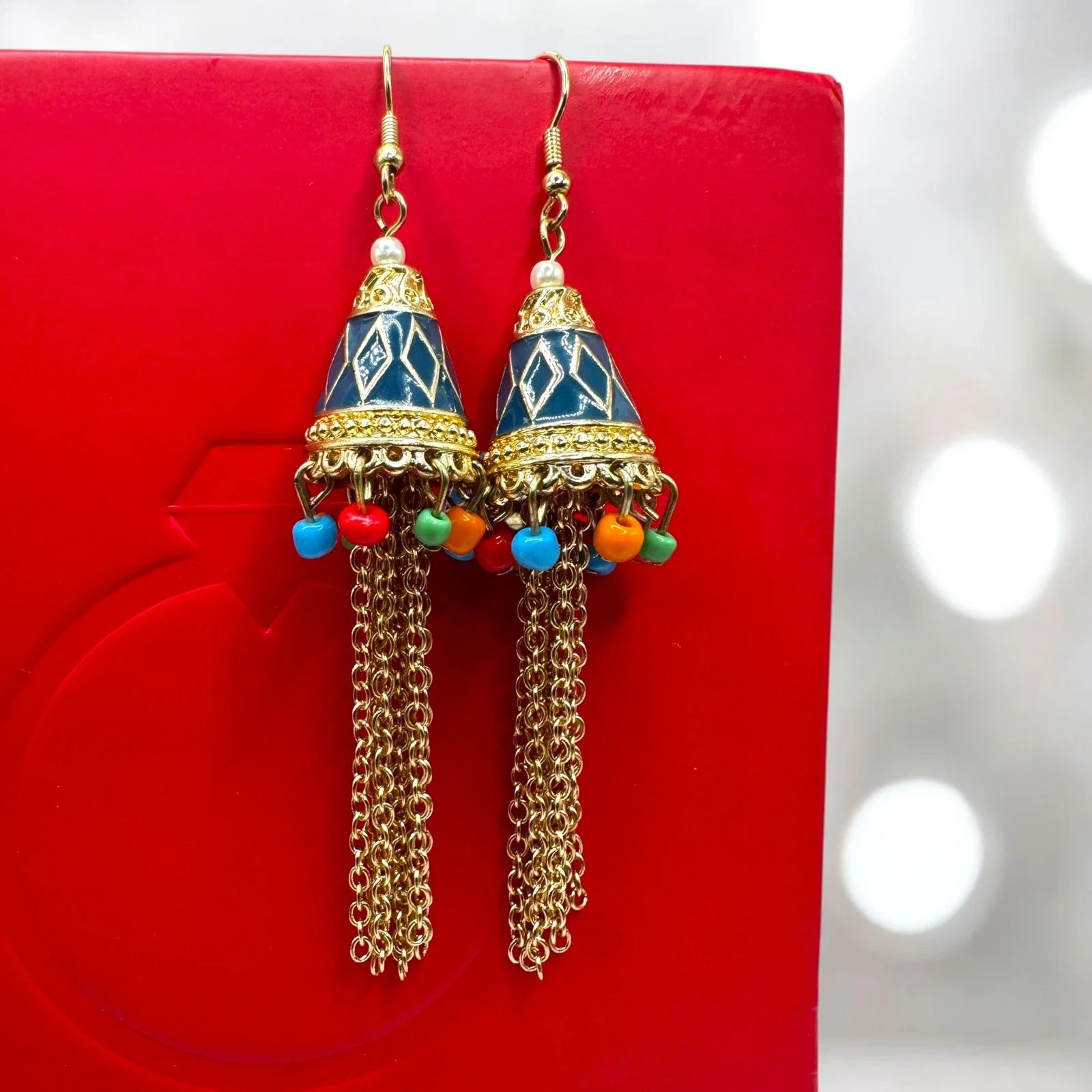 Boho Ethnic Jhumka Earrings with Chains & Colorful Beads