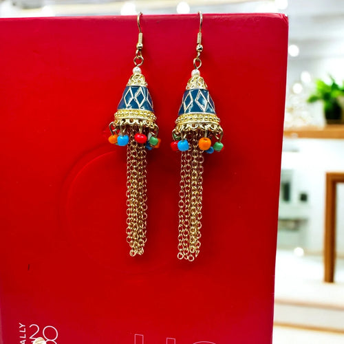 Boho Ethnic Jhumka Earrings with Chains & Colorful Beads – view 2