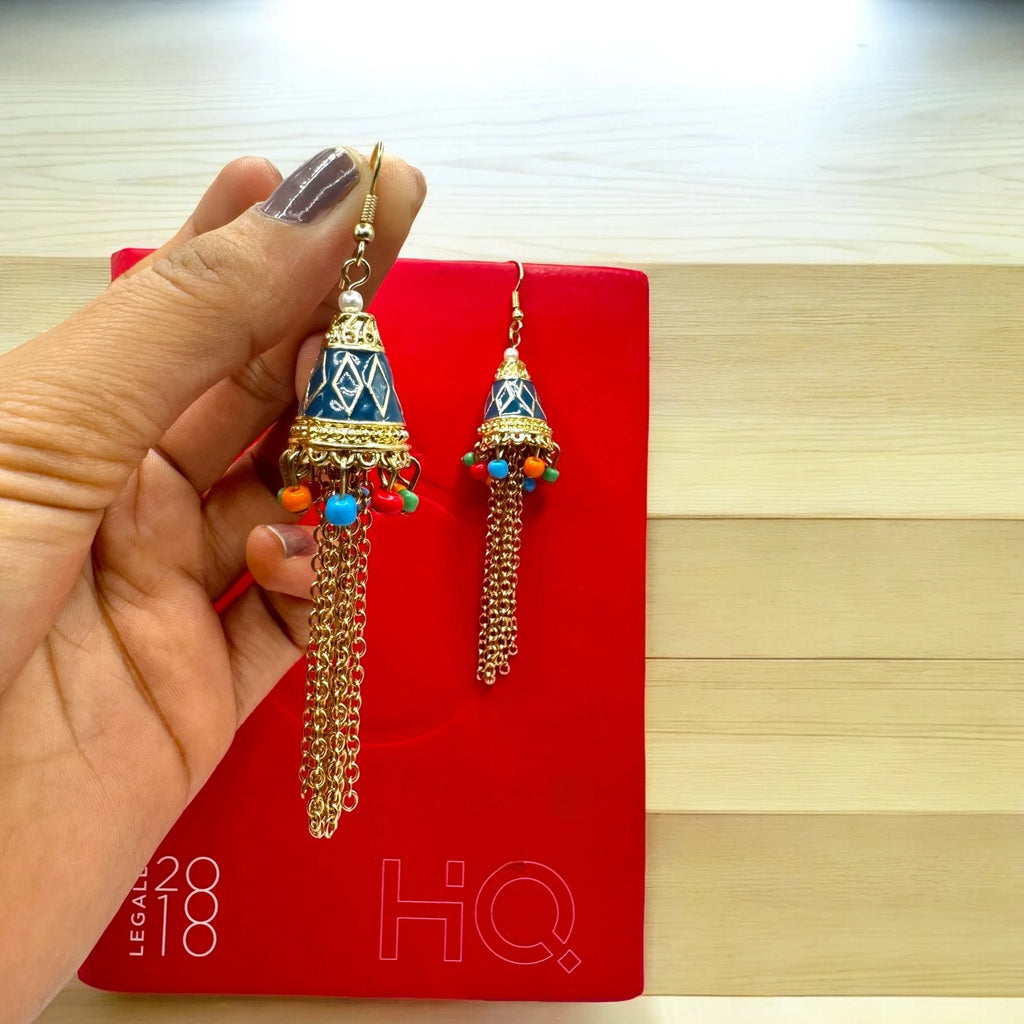 Boho Ethnic Jhumka Earrings with Chains & Colorful Beads – view 3