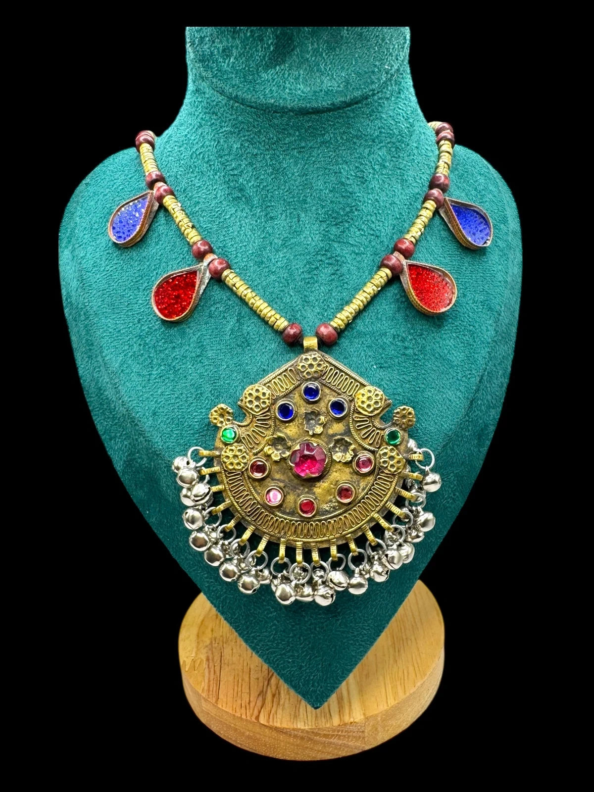 Ethnic Boho Statement Necklace with Colorful Stones & Bells