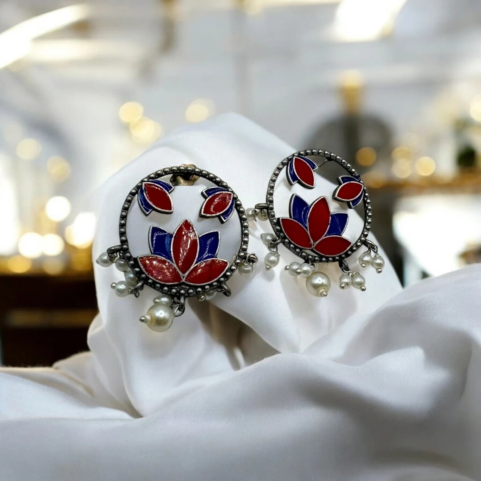 Red & Blue Lotus Design and Pearl Drops