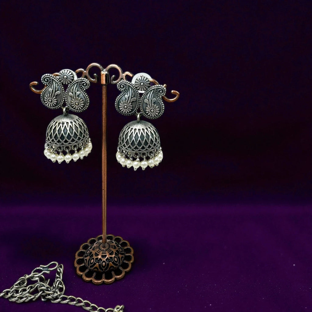Vintage Oxidized Silver Necklace & Jhumka Earrings Set – view 2