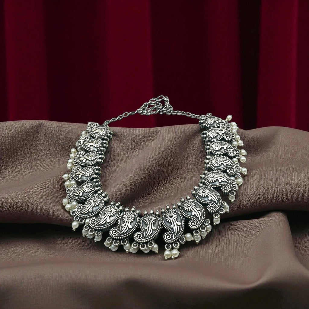 Vintage Oxidized Silver Necklace & Jhumka Earrings Set – view 3