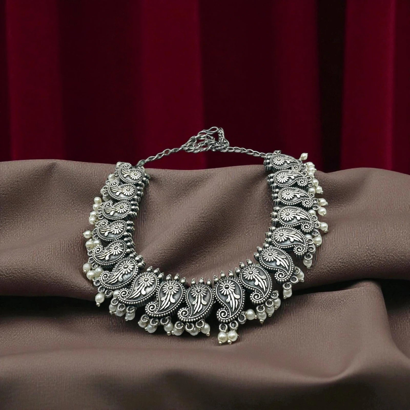 Vintage Oxidized Silver Necklace & Jhumka Earrings Set – view 3