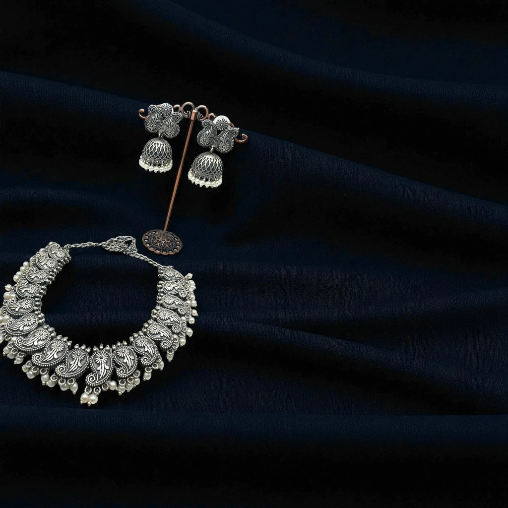 Vintage Oxidized Silver Necklace & Jhumka Earrings Set – view 4