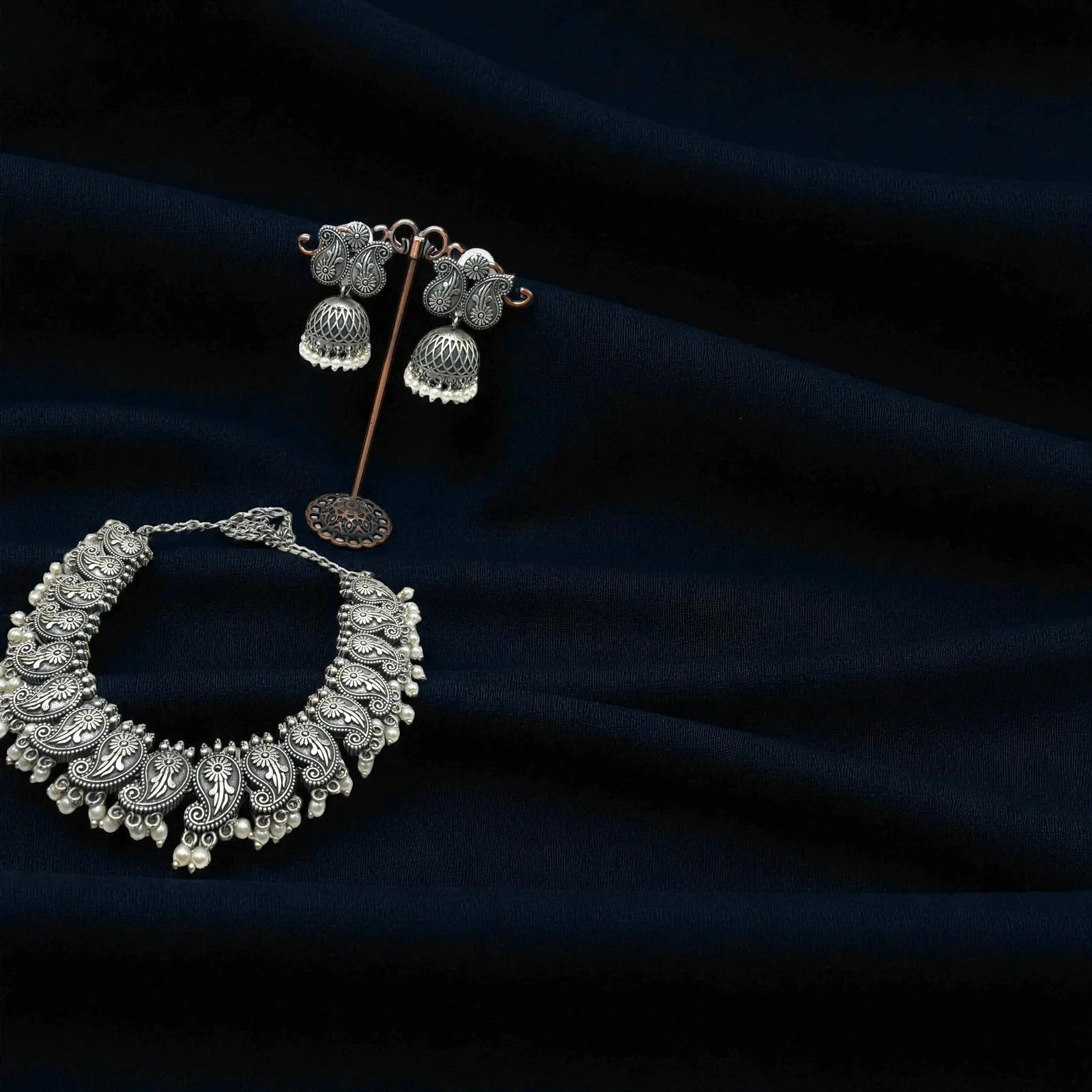 Vintage Oxidized Silver Necklace & Jhumka Earrings Set – view 4