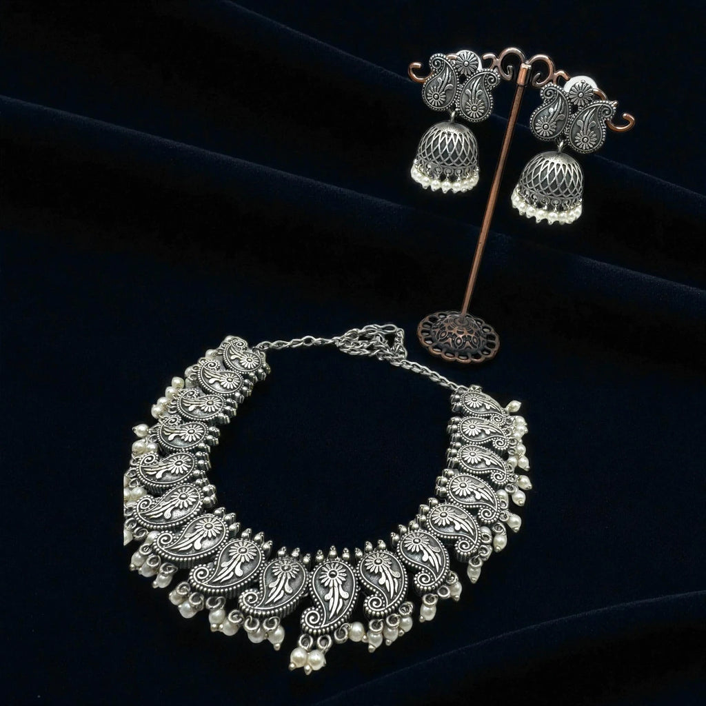 Vintage Oxidized Silver Necklace & Jhumka Earrings Set