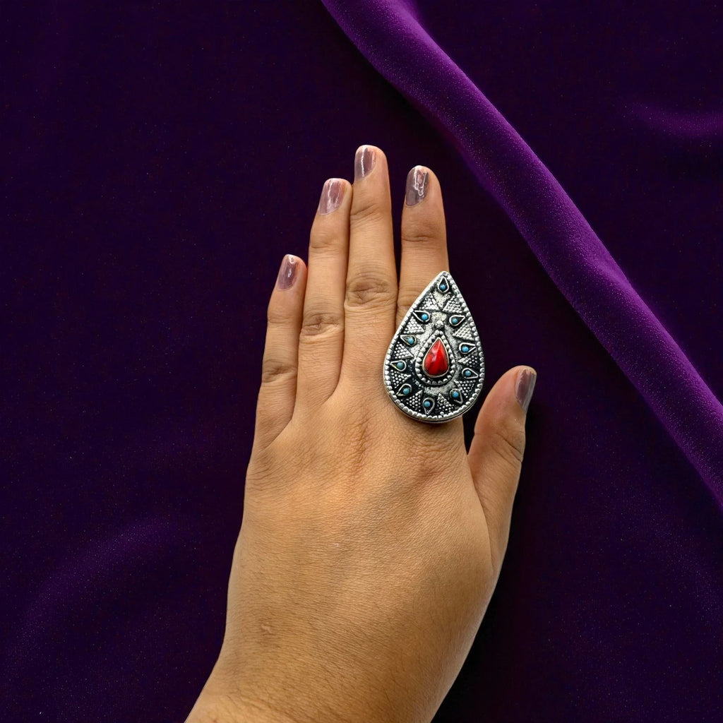 Boho Oxidized Silver Teardrop with Red Stone