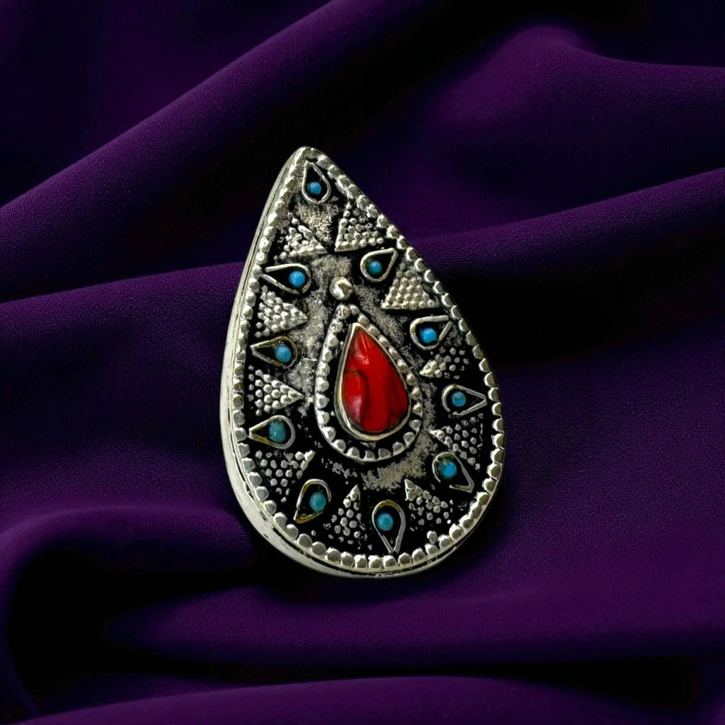 Boho Oxidized Silver Teardrop with Red Stone – view 3