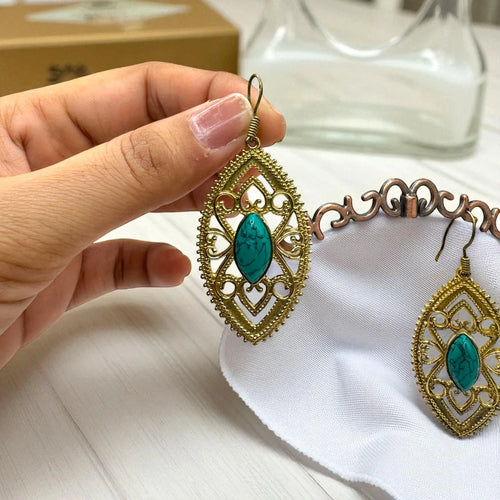 Boho Gold Filigree Earrings with Natural Stone – view 2