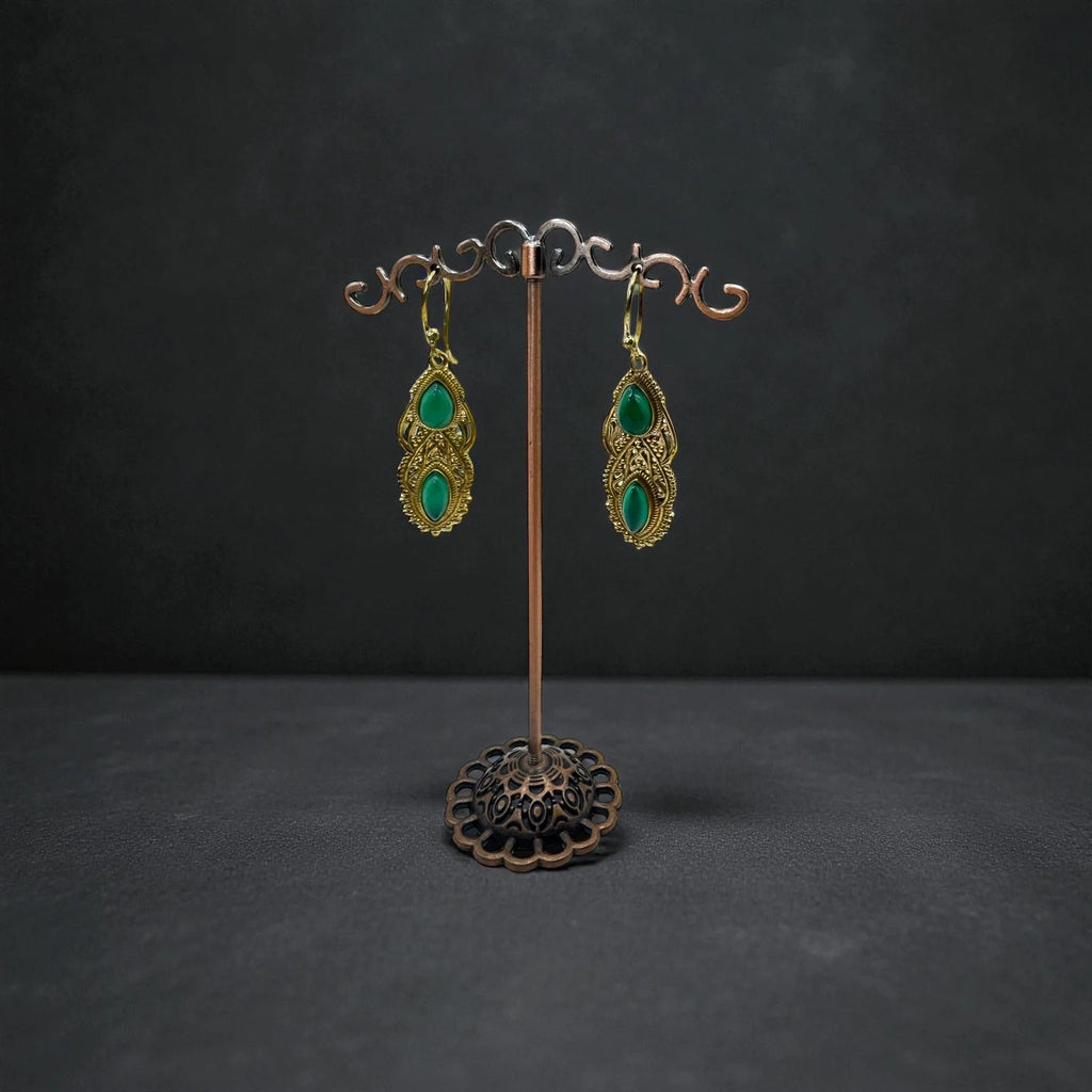 Vintage-Style Gold Earrings with Green Stone – view 2