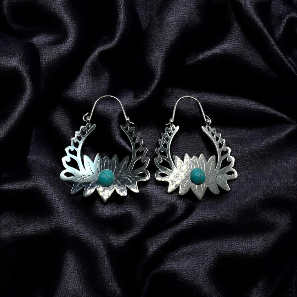 Handmade Silver Lotus Earrings with Turquoise – view 2
