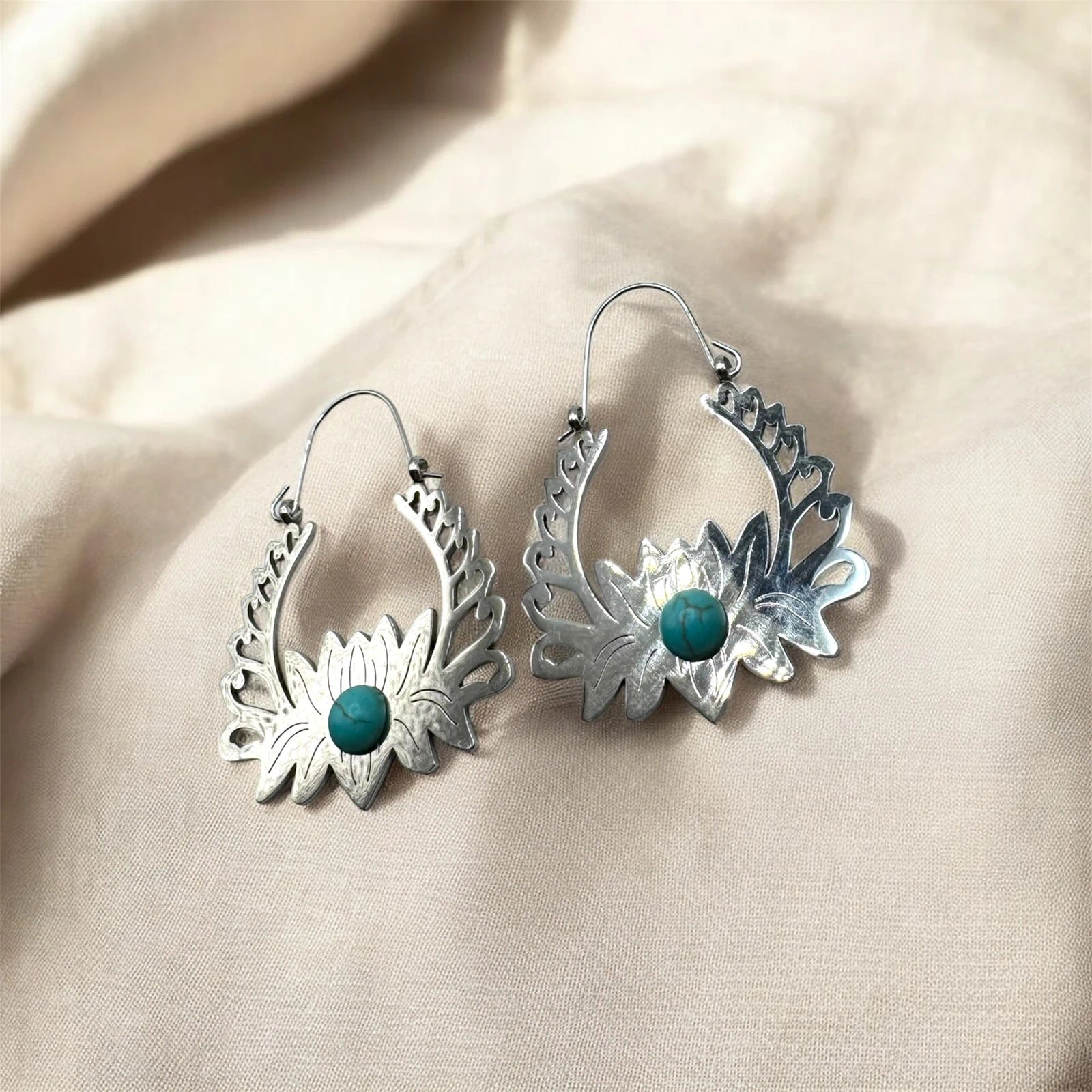 Handmade Silver Lotus Earrings with Turquoise
