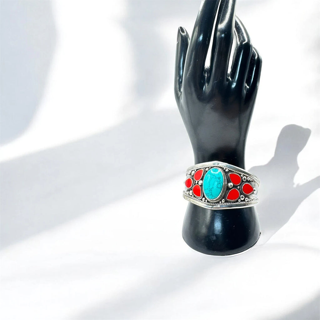 Boho Silver-Tone Cuff Bracelet with Turquoise & Red Stones