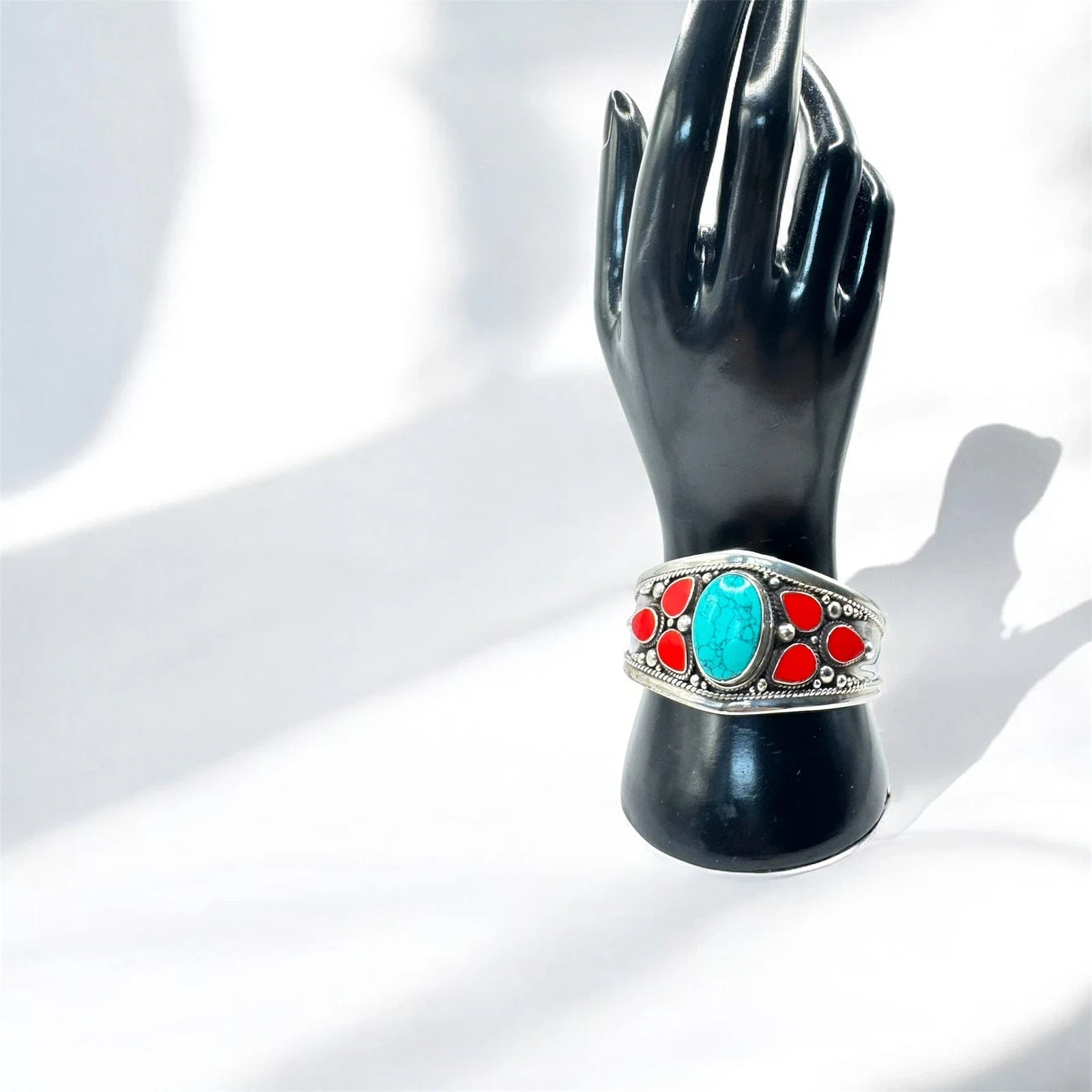 Boho Silver-Tone Cuff Bracelet with Turquoise & Red Stones