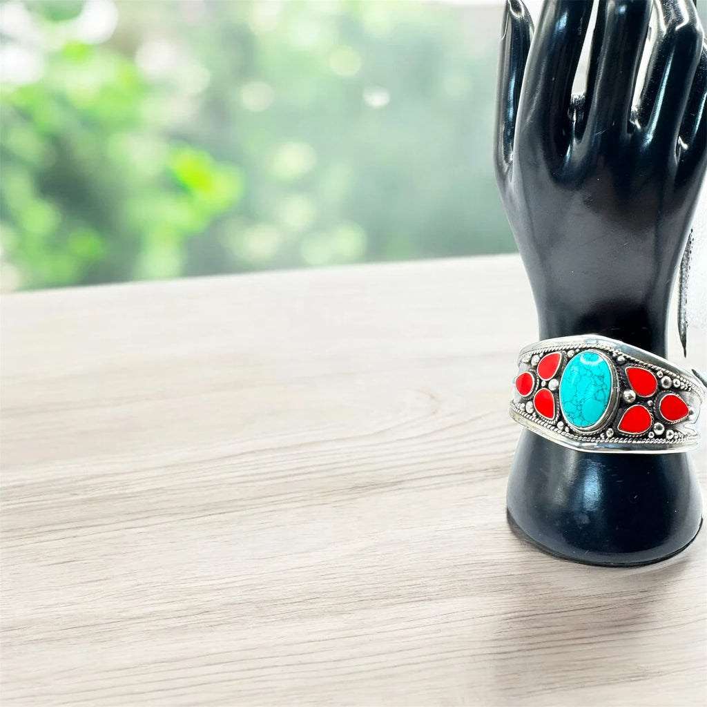 Boho Silver-Tone Cuff Bracelet with Turquoise & Red Stones – view 4