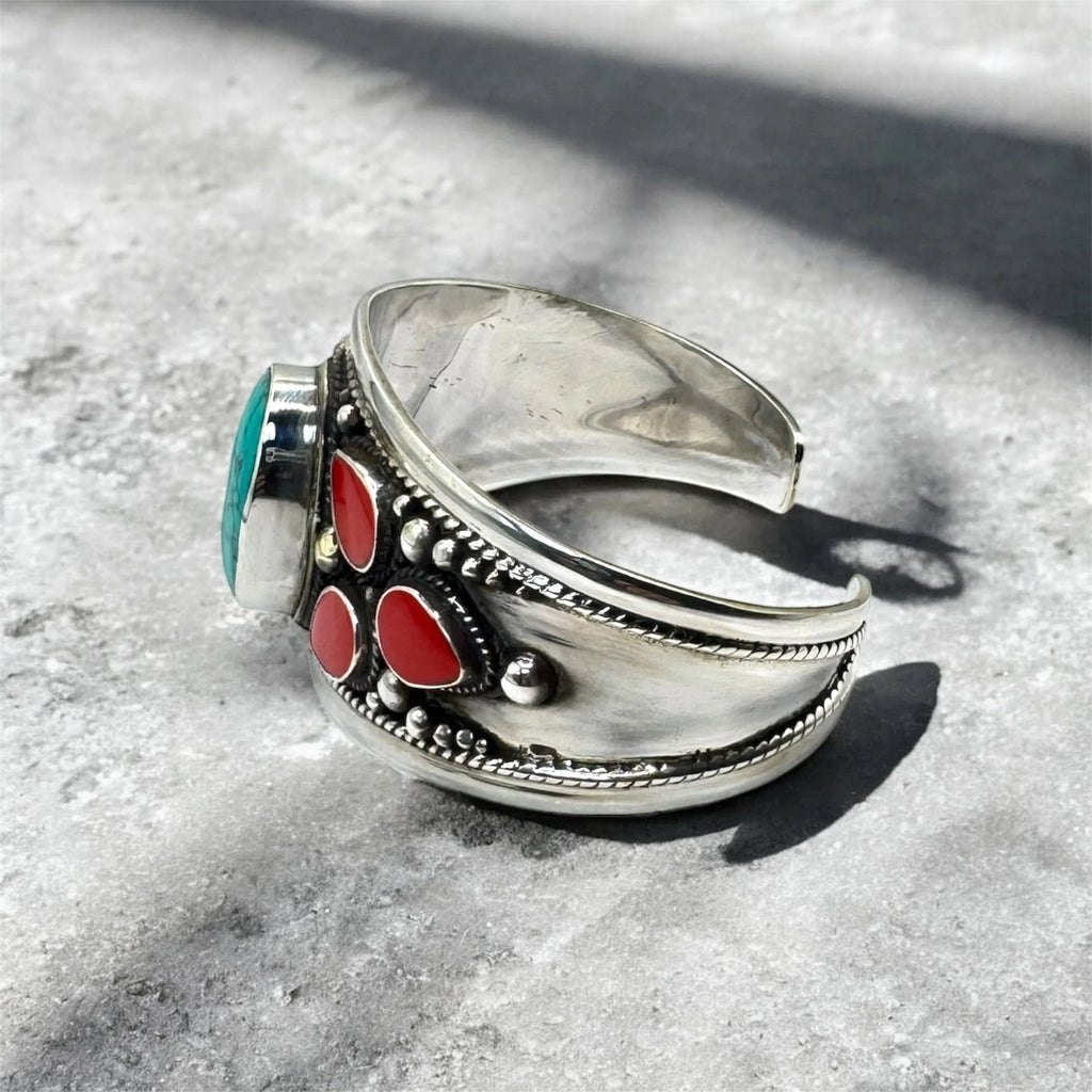 Boho Silver-Tone Cuff Bracelet with Turquoise & Red Stones – view 3