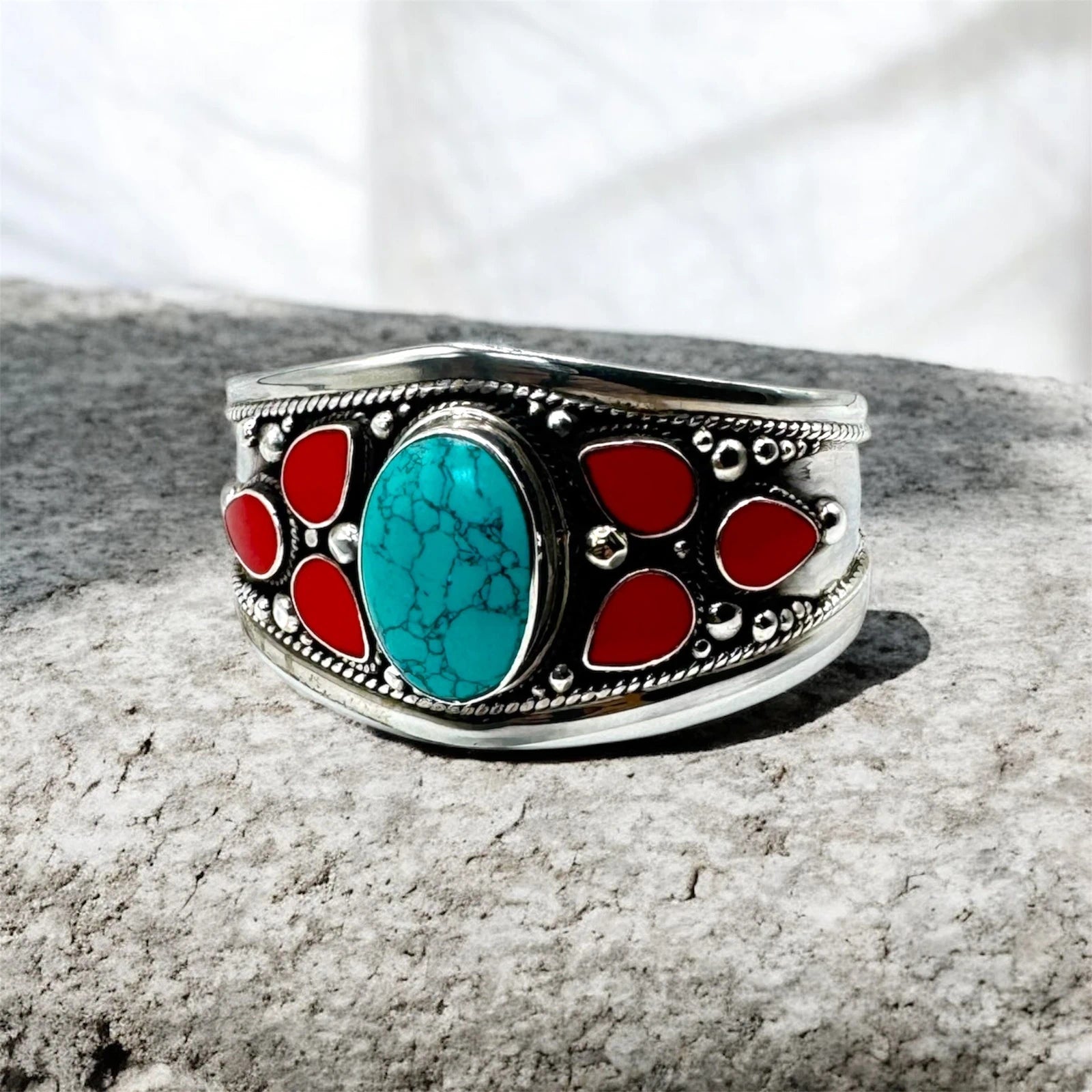 Boho Silver-Tone Cuff Bracelet with Turquoise & Red Stones – view 2