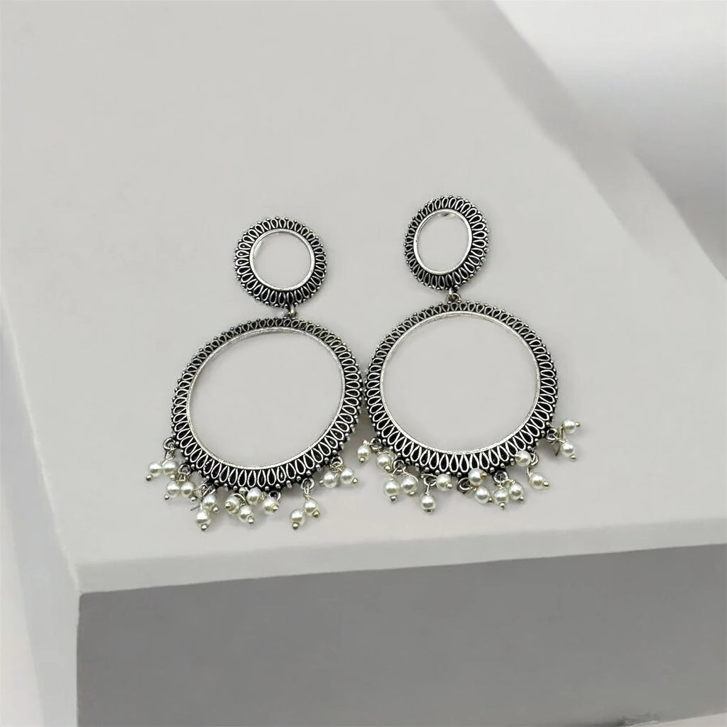 Boho Silver-Tone Hoop Earrings with Pearl Charms – view 2