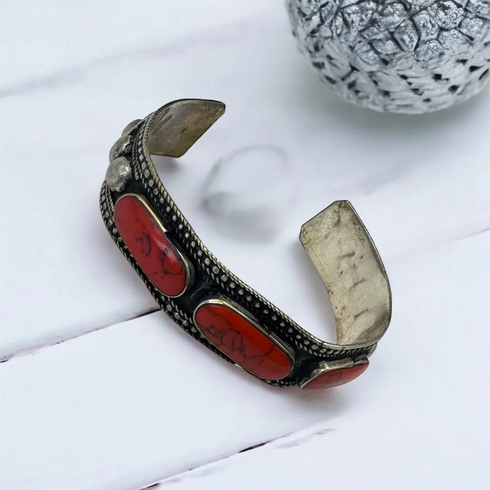 Boho Silver-Tone Bracelet with Red Stones – view 2