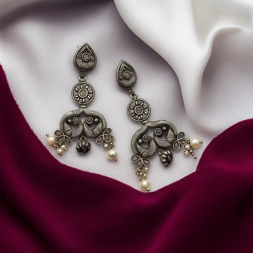 Vintage Oxidized Silver Dangle Earrings with Pearl Charms